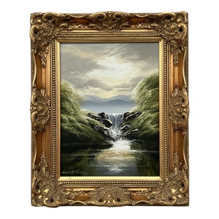 Whispers of the Falls - River Lake Waterfall with Lush Trees by British Artist 1976 For Sale