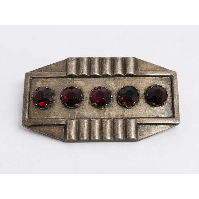 Art Deco Revival Geometric Bronze Brooch with Ruby-Red Crystals from Erte, 1980s For Sale - Image 4 of 9