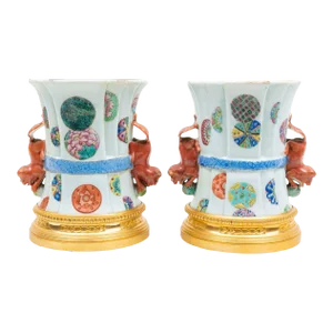Antique 18th Century Chinese Qianlong Porcelain Vases in Famille Rose Palette Mounted in French Gilt Bronze - a Pair