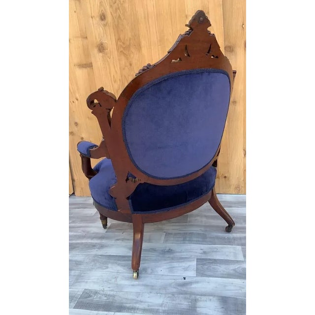 Victorian Antique Victorian Eastlake Carved His/Her Tufted Chairs Newly Reupholstered in Blue Velvet - Pair For Sale - Image 3 of 13