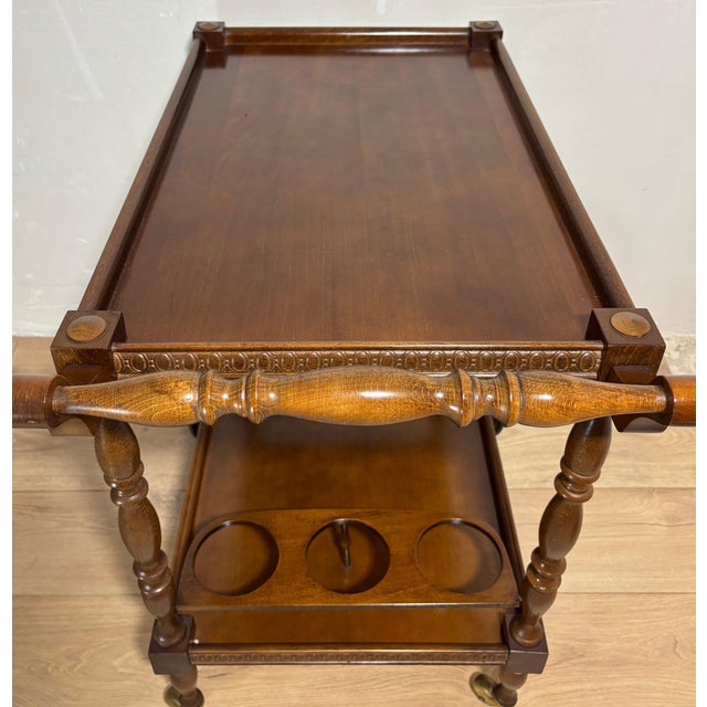 Spanish Mid-Century Wooden Bar Cart with Turned Legs and Bottle Holder For Sale - Image 10 of 12
