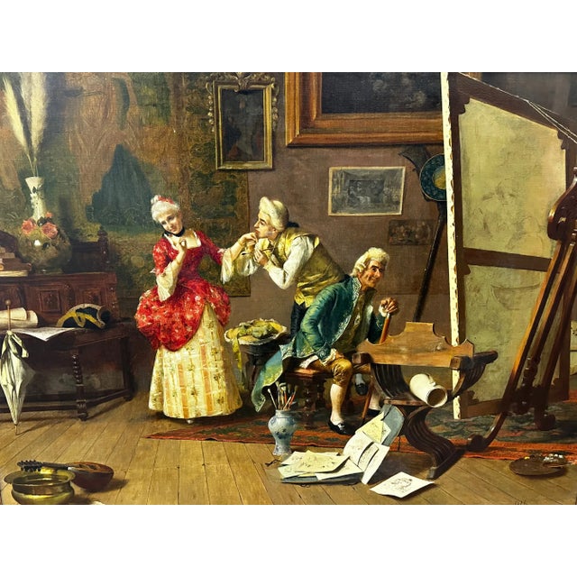 1 Large Victorian 19th Century Italian Fine Art Genre Lady & Gentlemen Mutual Admiration Oil Painting. Title Mutual...