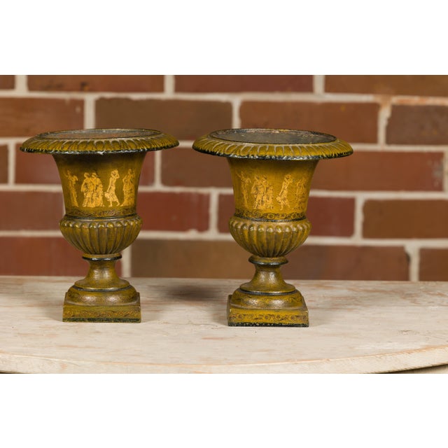Early 20th Century Pair of Neoclassical Style Iron Planters with Liners and Mythological Figures For Sale In Atlanta - Image 6 of 12