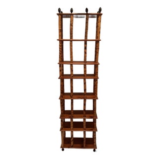 Tall & Narrow Rattan Bamboo Etagere Bookshelf With Iron Finials For Sale