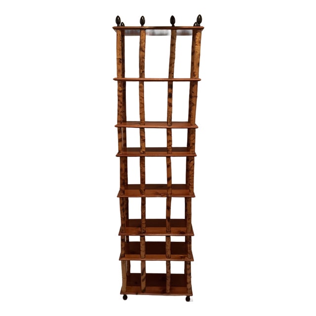 Tall & Narrow Rattan Bamboo Etagere Bookshelf With Iron Finials For Sale