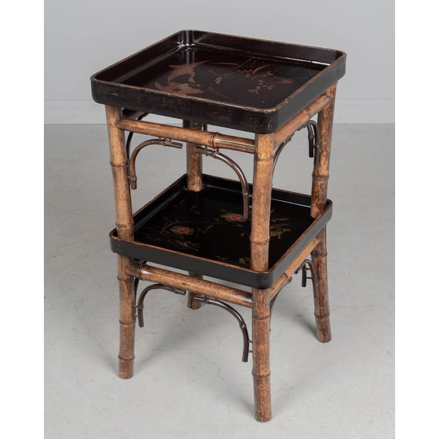 An early 20th century French Japonisme Aesthetic Movement side table. Sturdy bamboo frame with Japanese lacquered tray top...