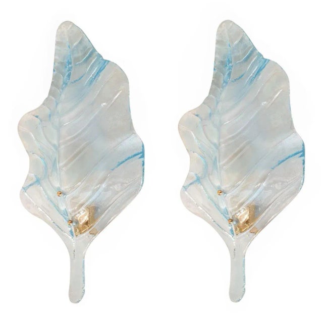 Mazzega Murano 1980s Large Blue Murano Glass Leaf Sconces - A Pair For Sale - Image 4 of 10