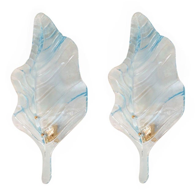 Mazzega Murano 1980s Large Blue Murano Style Glass Leaf Sconces - a Pair For Sale - Image 4 of 10