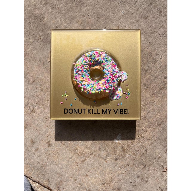 Donut Kill My Vibe #4 by Ana Hefco | Mixed Media on Wood Panel Featuring a Colorful Donut For Sale - Image 4 of 4