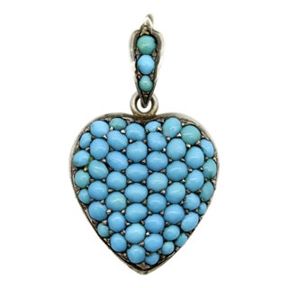 Late 19th Century Victorian Sterling Silver Pave Turquoise Heart-Shape Locket For Sale
