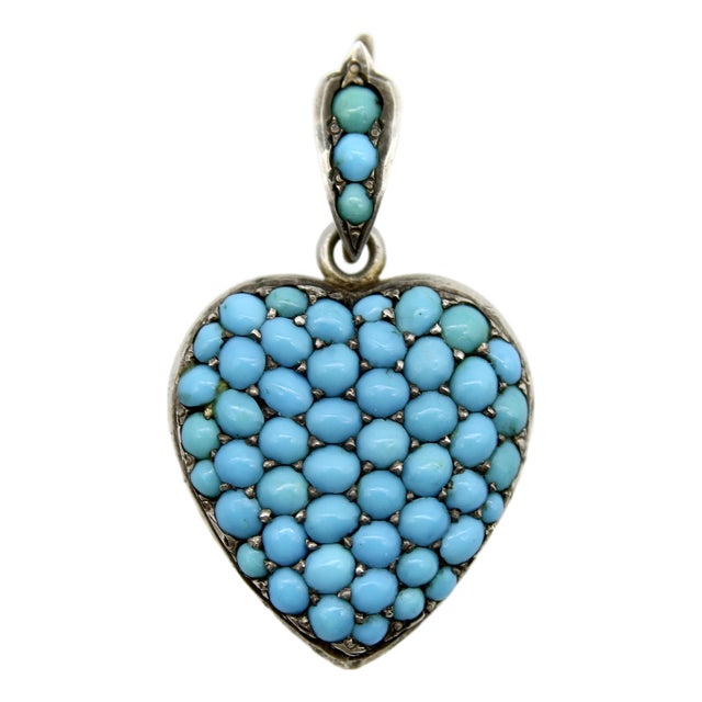 Late 19th Century Victorian Sterling Silver Pave Turquoise Heart-Shape Locket For Sale
