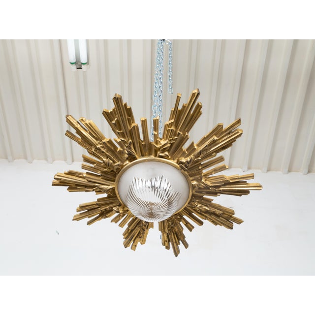 Mid-Century Modern Pair of Gilt Bronze Midcentury Sunburst Light Fixtures with Frosted Glass For Sale - Image 3 of 12