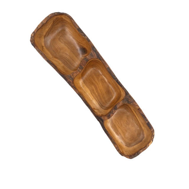 Hand-Carved Peruvian Olive Wood 3-Section Serving Bowl With Live Edge 18.75"l For Sale - Image 14 of 15