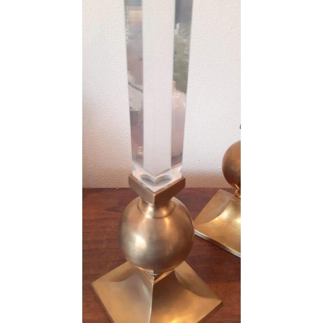 Mid-Century Modern Vintage Brass and Lucite Candlesticks Set 3 Xl Candle Holders For Sale - Image 3 of 13