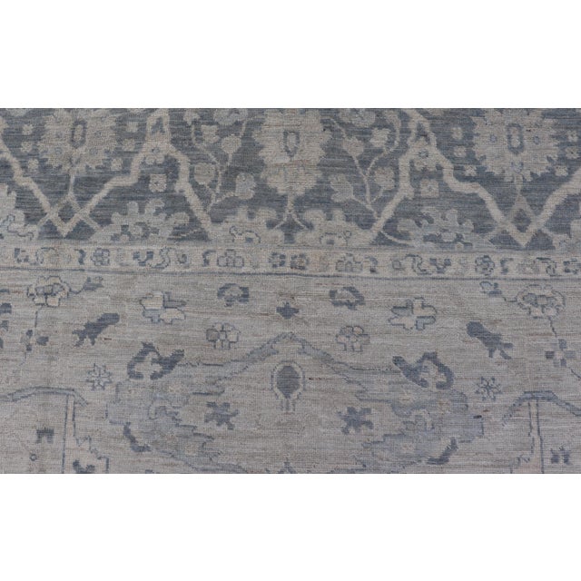 Modern Oushak Rug in Soft Gray With Blue Tones and Refined Classical Motifs For Sale - Image 9 of 12