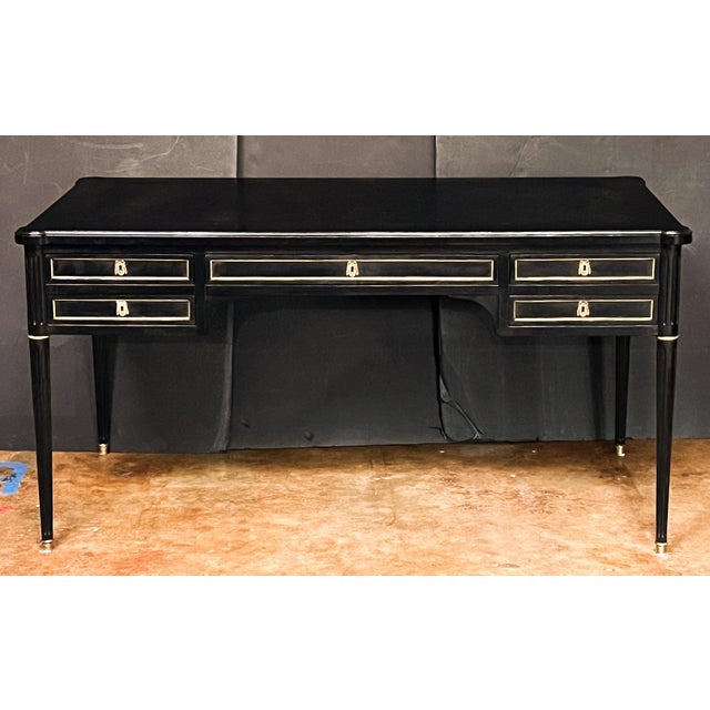 French Ebonized Writing Table or Desk With Embossed Leather Top With Side Leaves For Sale In Austin - Image 6 of 11