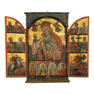 Antique 18thC Greek Orthodox Triptych Icon Virgin Mary & Saints Egg Tempera 1700 For Sale