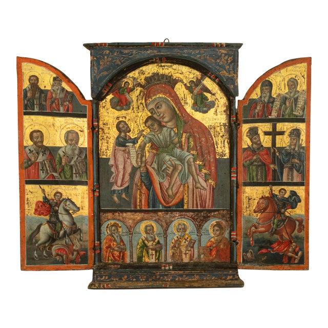 Antique 18thC Greek Orthodox Triptych Icon Virgin Mary & Saints Egg Tempera 1700 For Sale