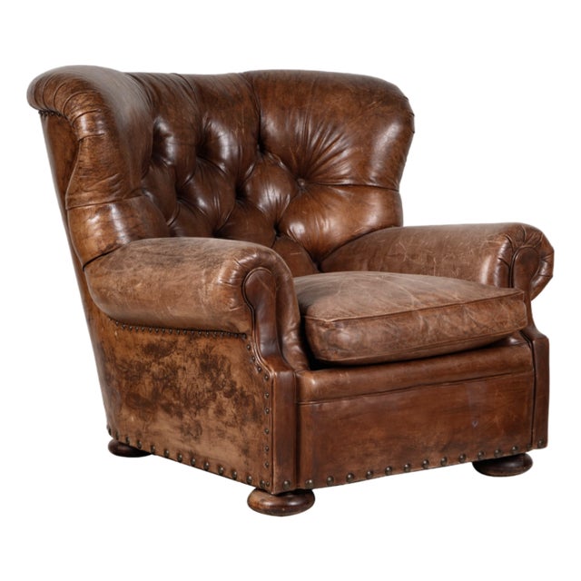 Ralph Lauren Leather Writer's Chair Wingback Distressed by Henredon For Sale