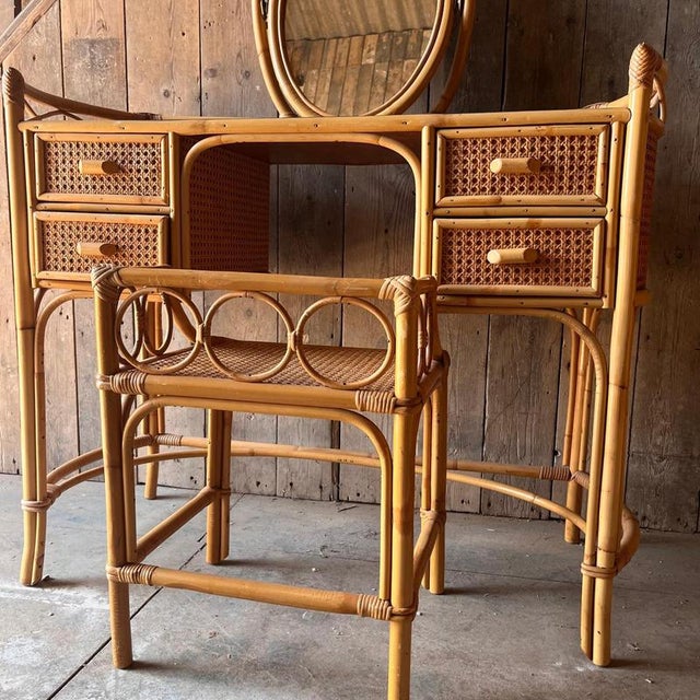 Brown Cane and Bamboo Dressing Table with Oval Mirror and Stool, Set of 2 For Sale - Image 8 of 9