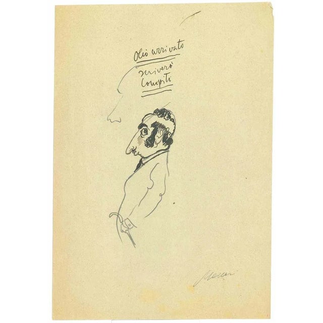 The Gentleman is an original Drawing in pen on creamy-colored paper realized by Mino Maccari in mid 20th Century. Hand-...