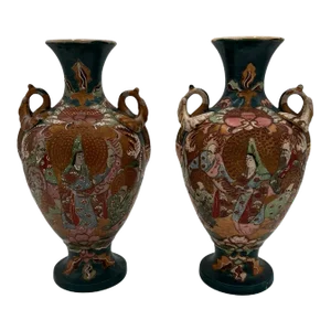 Pair of Early 20th Century Japanese Hand-Painted Satsuma Vases