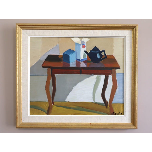 THE BLUE TEAPOT Size: 19.1 x 22.2 inches (including frame) Oil on canvas A charming mid-century modern still life that...