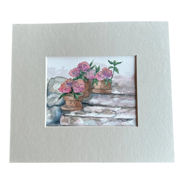 Signed Original Matted Watercolor Botanical “Flowers on the Steps” For Sale