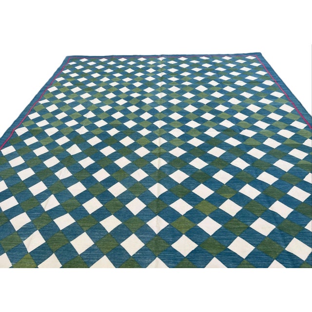 Teal Handmade Cotton Vegetable Dyed Checked Gingham Area Rug Teal Blue With Cream and Forest Green - 8'x10' For Sale - Image 8 of 10