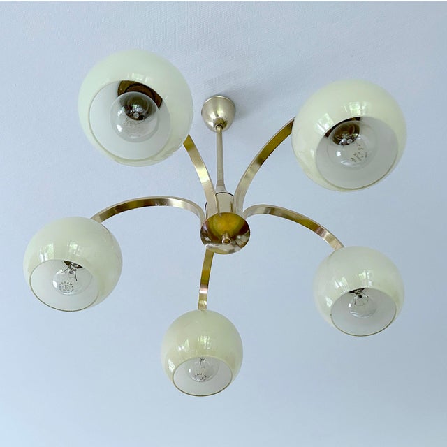 Art Deco Opaline Glass and Brass Pendant Light, 1950s For Sale - Image 11 of 15
