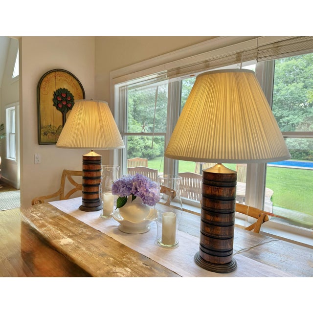 Turned Wood Barrel Form Table Lamps With Shades, Set of 2 For Sale - Image 15 of 18