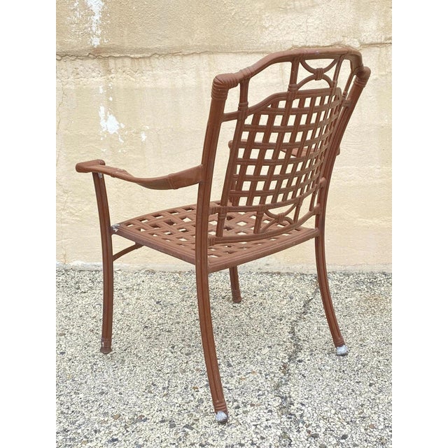 Late 20th Century Cast Aluminum Basket Weave Lattice Rattan Metal Patio Outdoor Arm Chair For Sale - Image 10 of 10