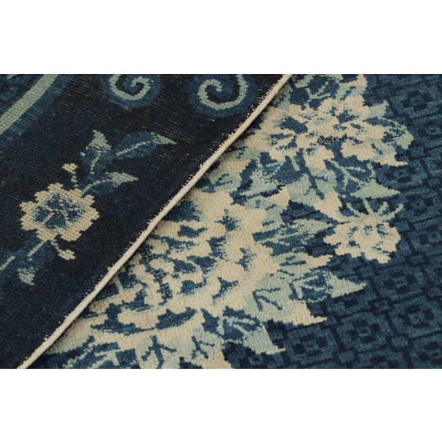 Textile Antique Chinese Peking Art Deco Rug in Blue With Ivory Floral Medallions For Sale - Image 7 of 7