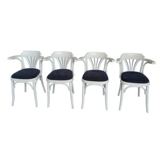 Vintage White Bentwood Dining Chairs with Blue Fabric Seats, 1970s, Set of 4 For Sale