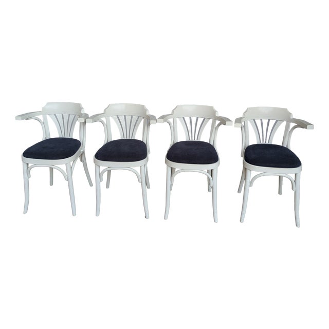 Vintage White Bentwood Dining Chairs with Blue Fabric Seats, 1970s, Set of 4 For Sale