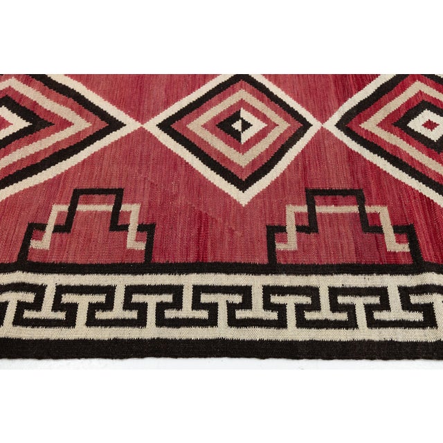 Cream Contemporary Southwest Navajo Style Crimson Wool Rug With Geometric Diamond For Sale - Image 8 of 11