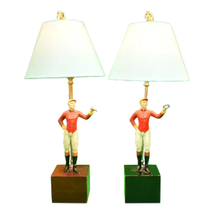 Pair X Mid 20th Century "21" Club Jockey Lamps W/ Blue Silk Shades