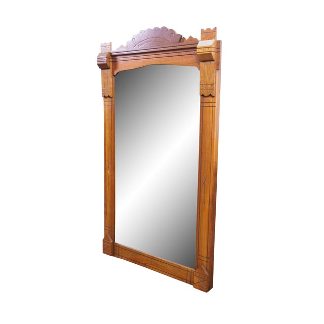 Victorian Antique Victorian Eastlake Walnut Hanging Mirror With Carved Scalloped Pediment For Sale - Image 3 of 12