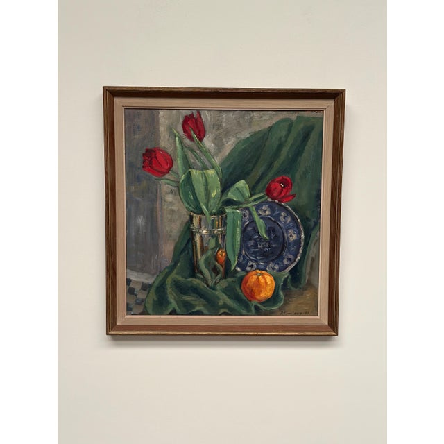 Mid-Century Modern J. Essen Loarp, Still Life with Tulips, 1957, Oil on Panel, Framed For Sale - Image 3 of 15
