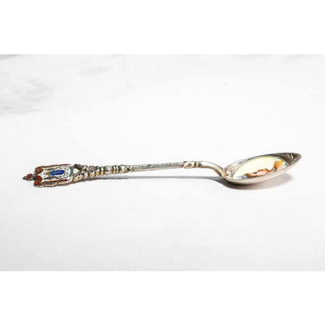 Silver Rare Queen Wilhelmina of the Netherlands Antique Hand Painted Enamel 800 Silver Commemorative Spoon Royal History For Sale - Image 8 of 11