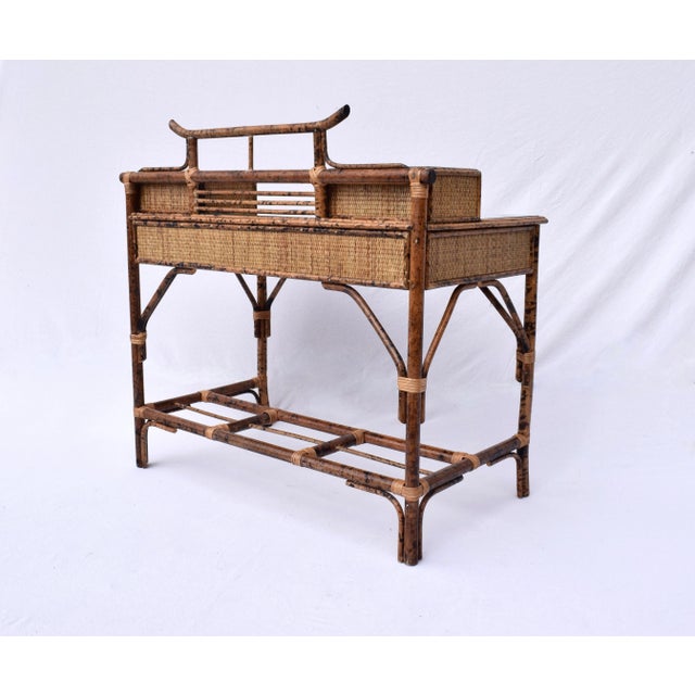 Wood Vintage British Colonial Style Burnt Bamboo and Grasscloth Pagoda Desk For Sale - Image 7 of 12