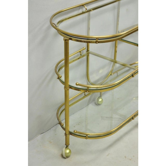 Vintage Mid Century Modern Brass 3 Tier Oval Frame Rolling Bar Cart Server Table For Sale - Image 4 of 15
