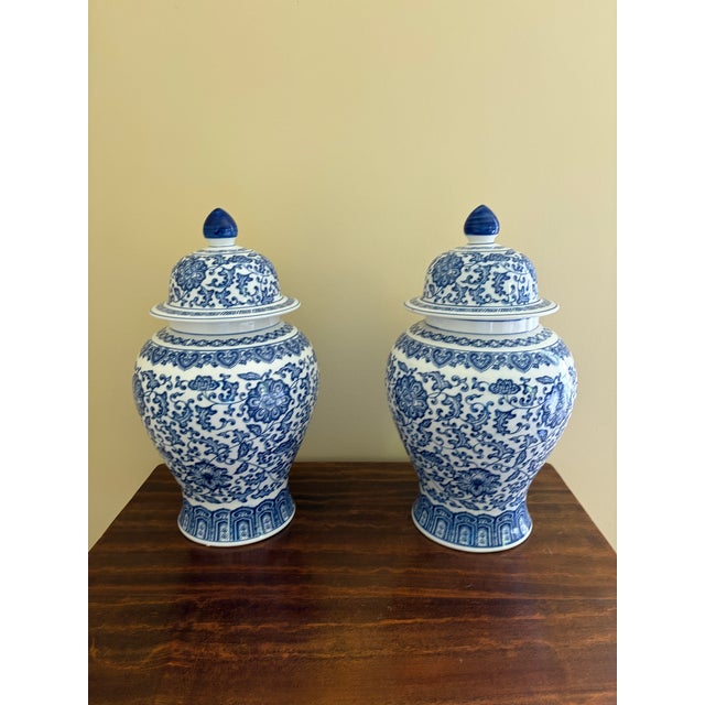 Chinoiserie Blue and White Porcelain Ginger Jars, Pair For Sale - Image 4 of 8
