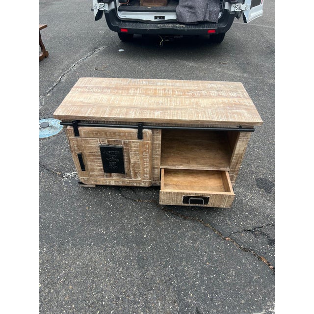 Industrial Sliding Door Media Cabinet in Reclaimed Style Wood For Sale - Image 9 of 9