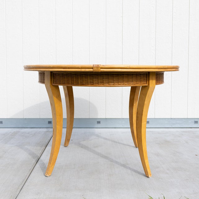 Vintage Round Woven Wicker & Rattan Herringbone Parquetry Dining Table - 48" For Sale - Image 13 of 13