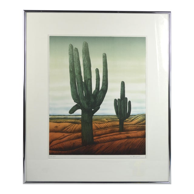 Mid 20th Century French Modernist Original Lithograph Signed Framed Cactus Desert Landscape For Sale