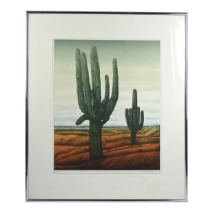 Mid 20th Century French Modernist Original Lithograph Signed Framed Cactus Desert Landscape