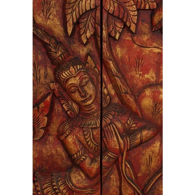 Mid 20th Century Monumental Vintage Thai Hand-Carved Wood Kinnari Wall Panel, Red and Gold For Sale - Image 5 of 15