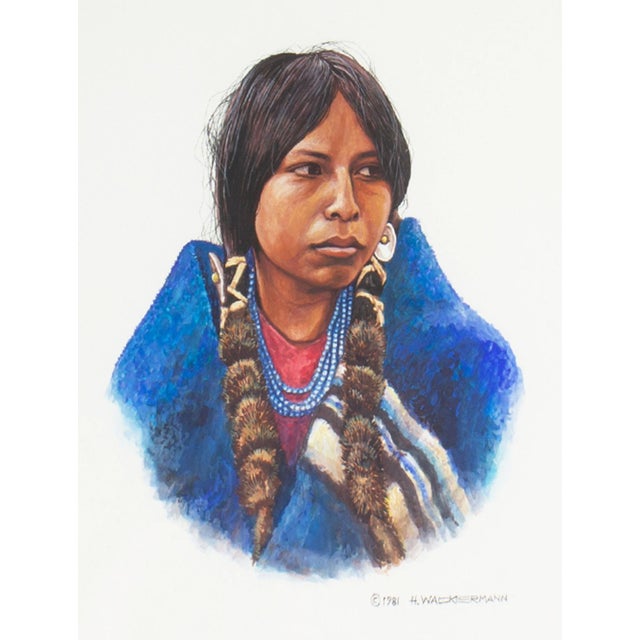 A 1981 casein portrait painting by the German-American artist Hubert Wackermann (born 1945). This highly detailed painting...