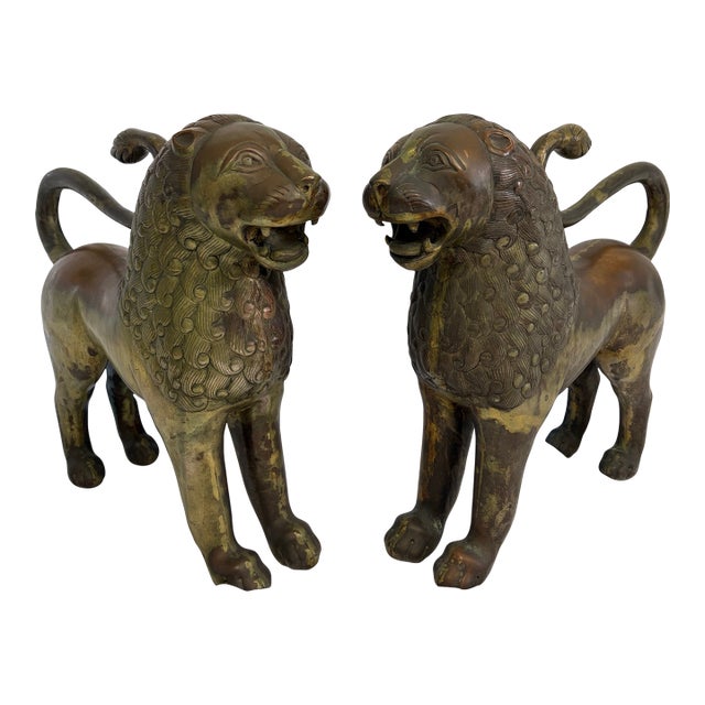 1960s Pair of Monumental Brass Lion Sculptures With Aged Patina – Neoclassical Regency Style For Sale